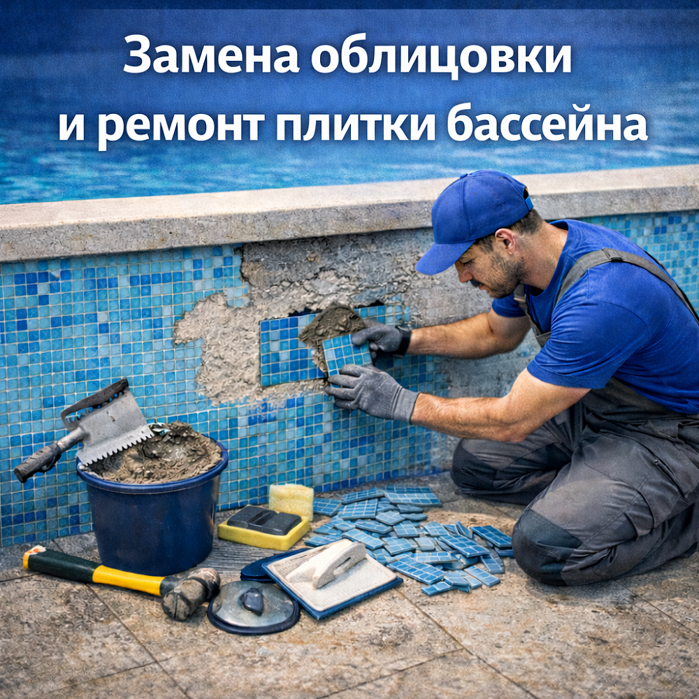 Замена облицовки и ремонт плитки бассейна
